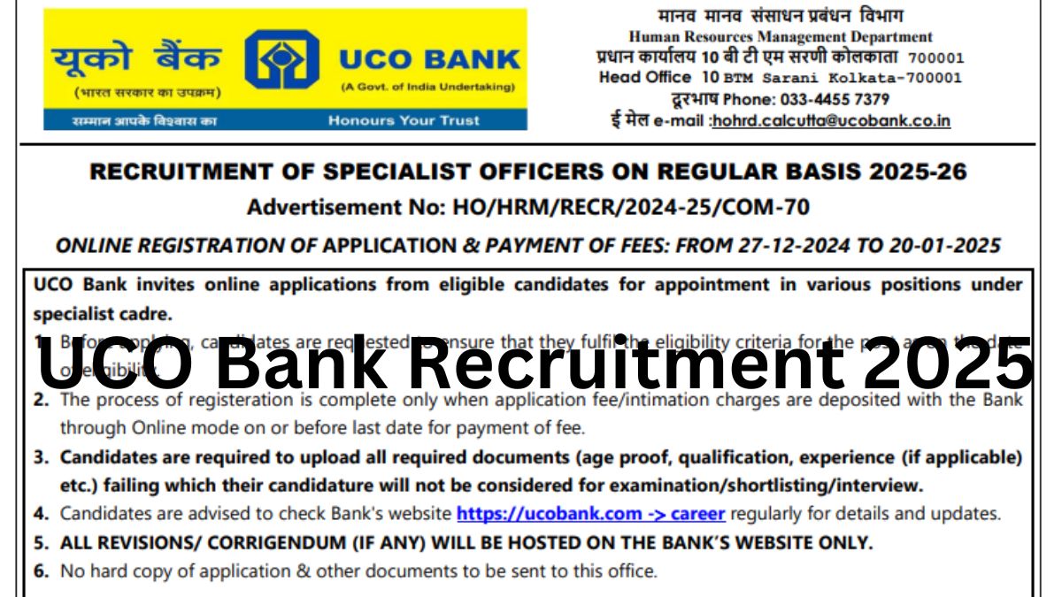 UCO Bank SO Recruitment 2025