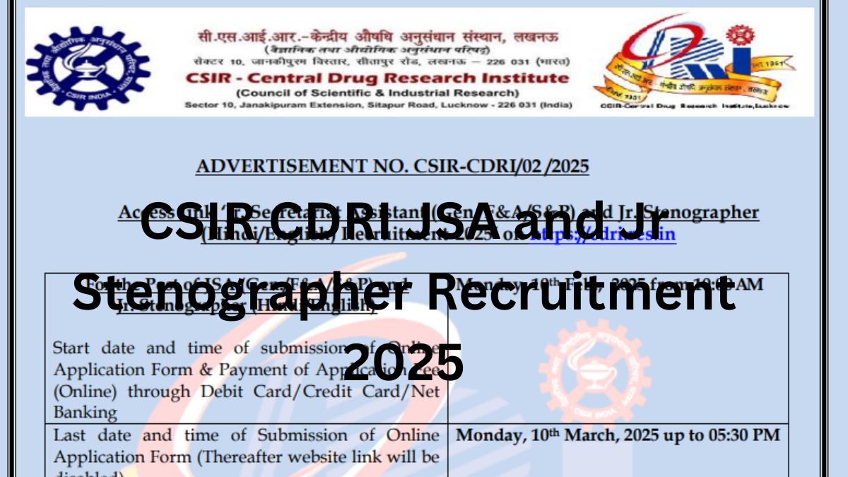 CSIR CDRI JSA and Jr Stenographer Recruitment 2025