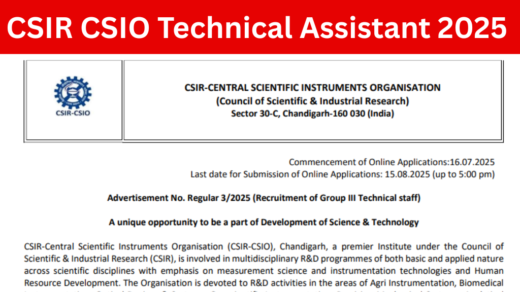 CSIR CSIO Technical Assistant Recruitment 2025