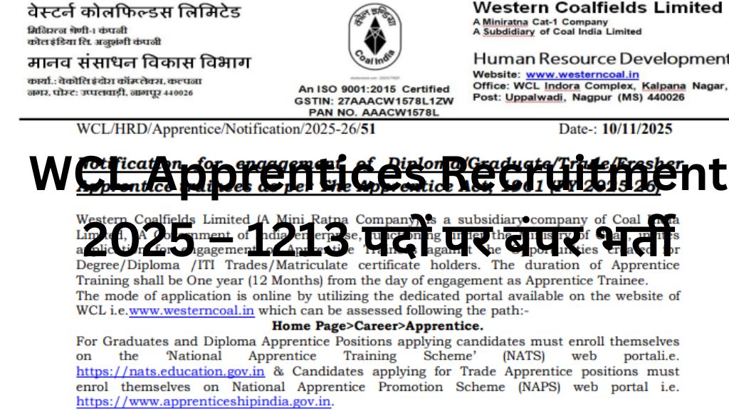 Western Coalfields (WCL) Apprentices Recruitment 2025